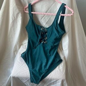 emerald green lace up low back one piece swimsuit